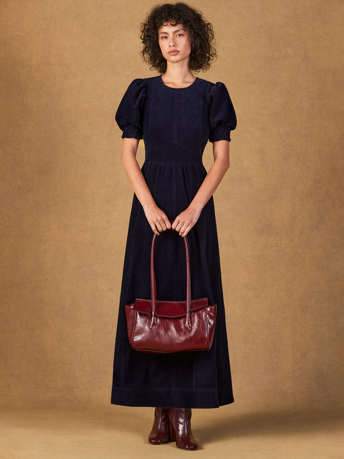 Navy Cord Puff Sleeve Midi Dress