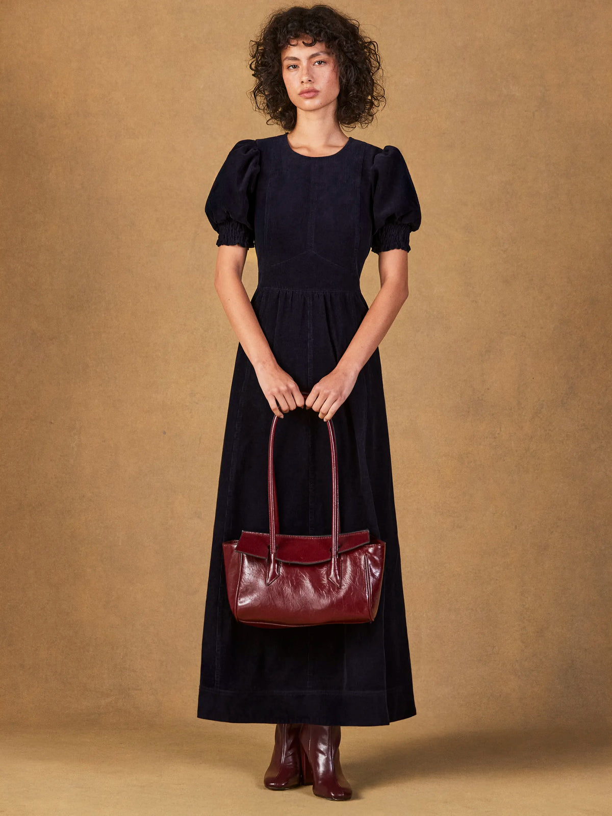 Navy Cord Puff Sleeve Midi Dress