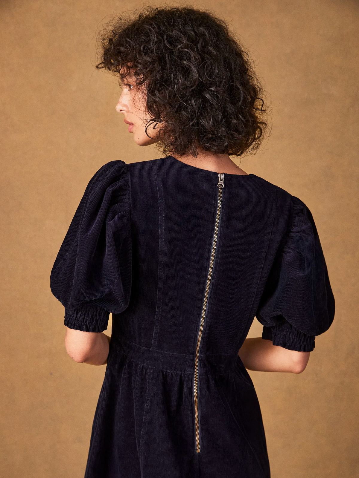 Navy Cord Puff Sleeve Midi Dress