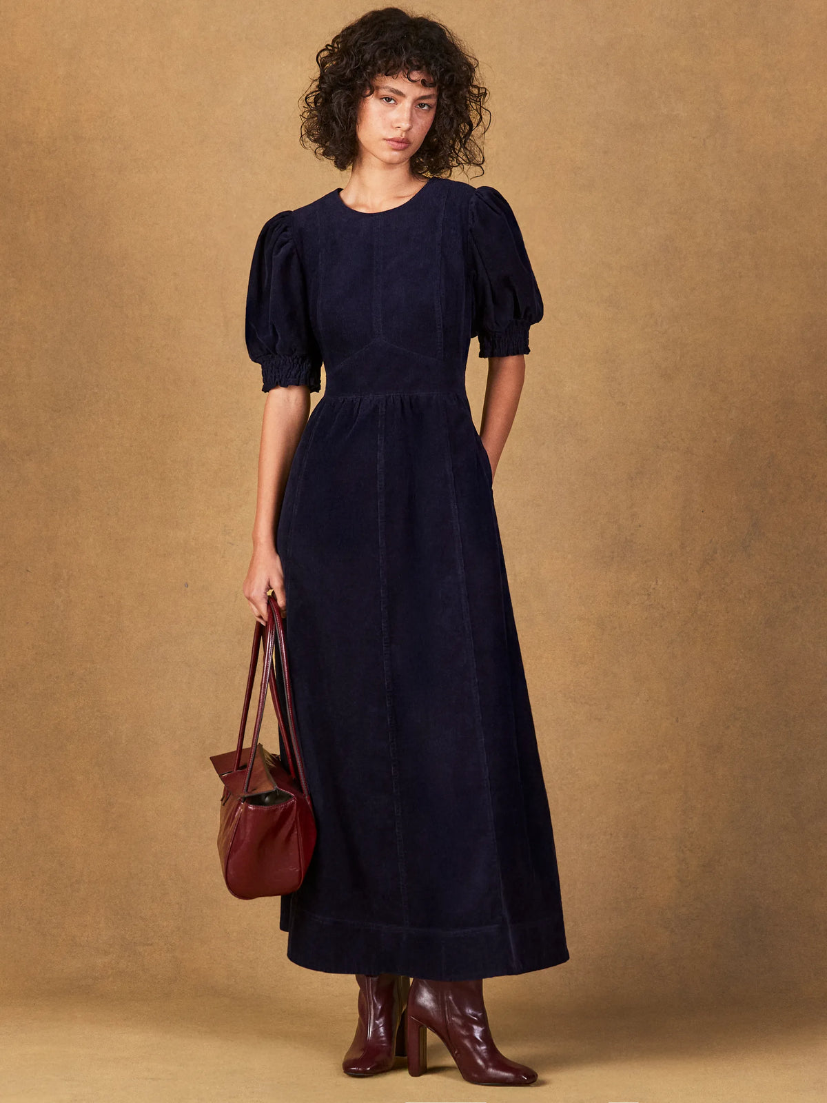 Petite Navy Cord Puff Sleeve Midi Dress