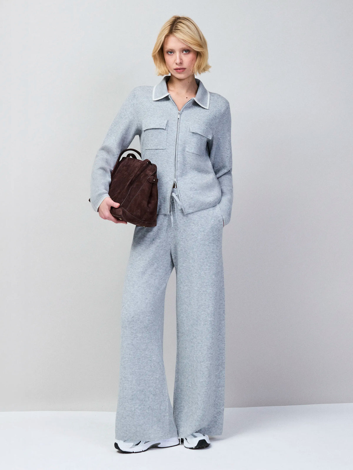 Grey Knit Straight Leg Trousers