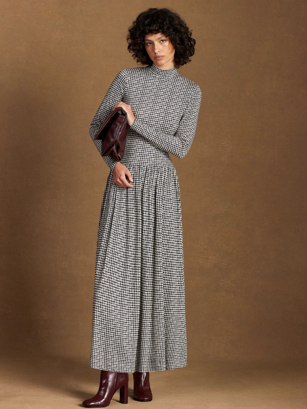 Petite Houndstooth Dropped Waist Jersey Dress