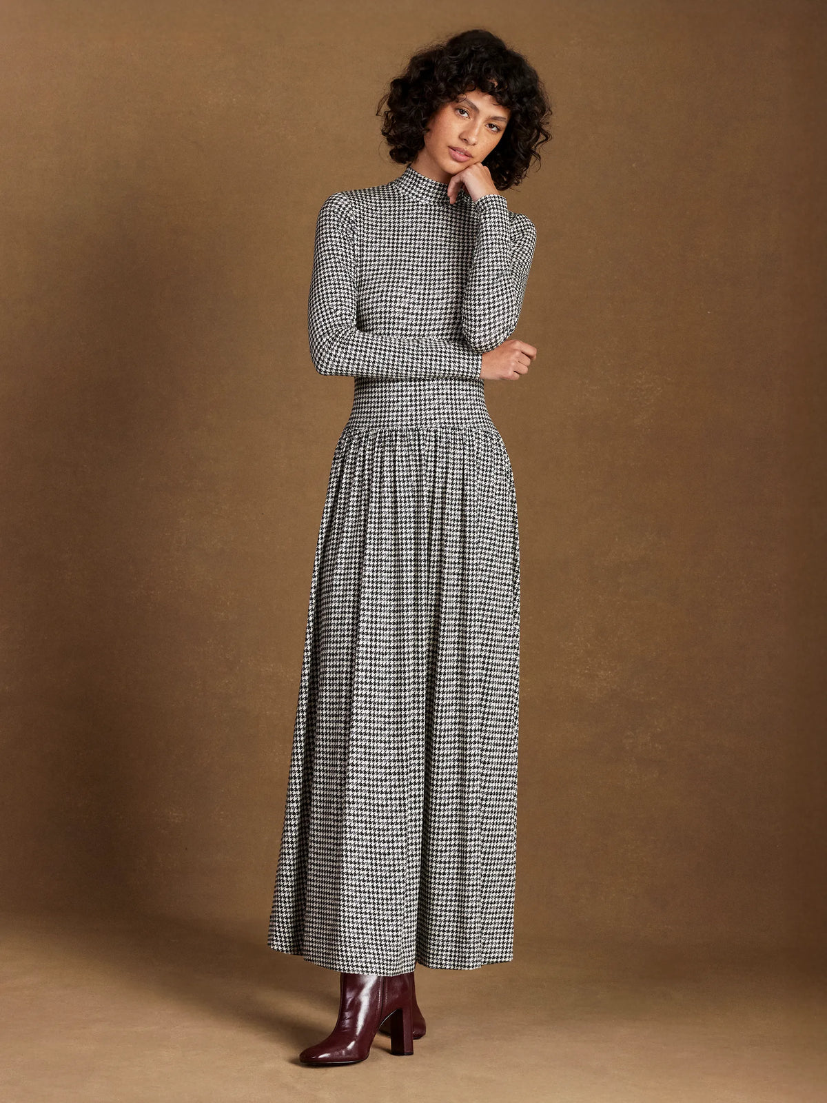 Petite Houndstooth Dropped Waist Jersey Dress