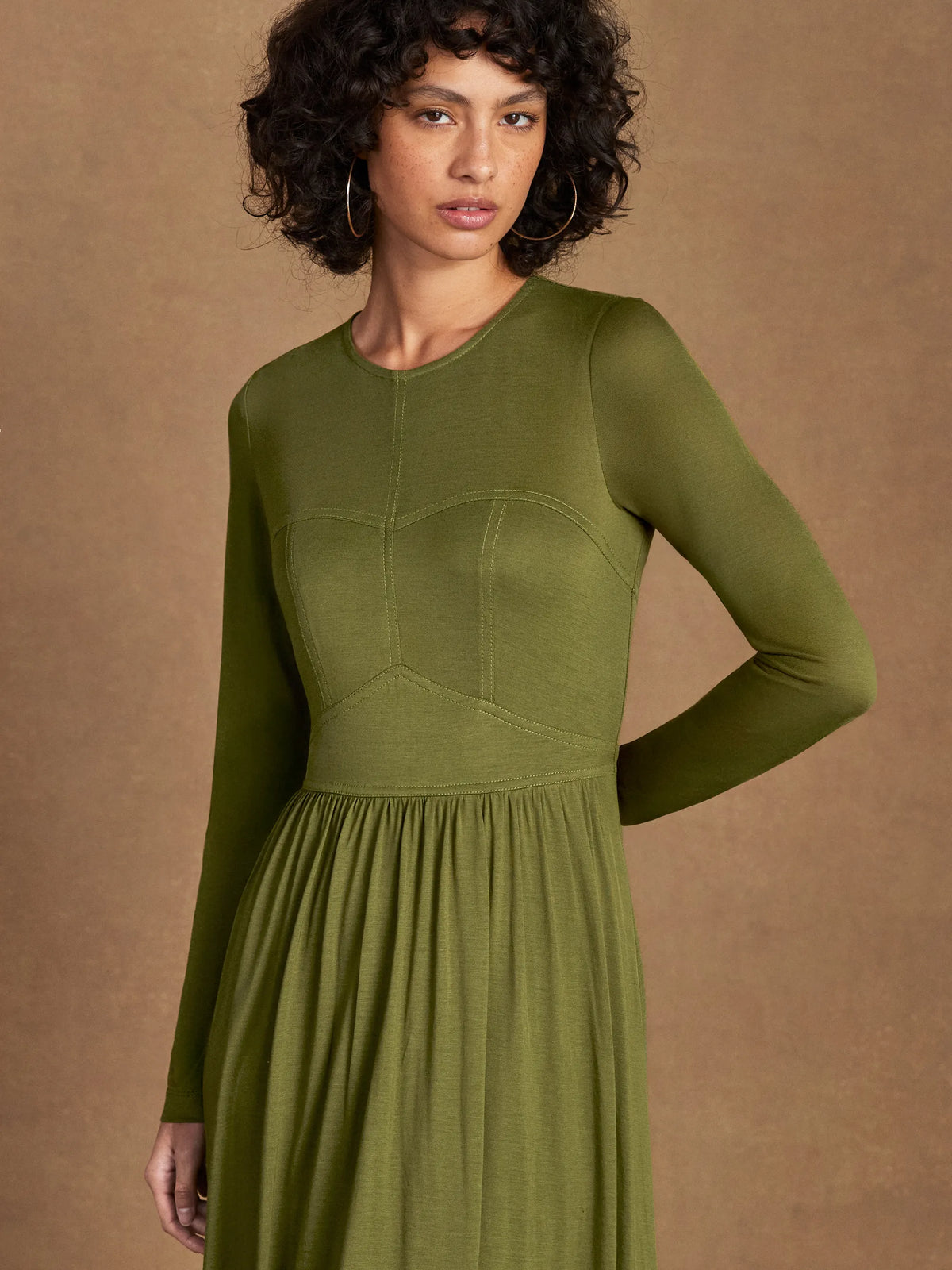 Khaki Seamed Bodice Jersey Dress