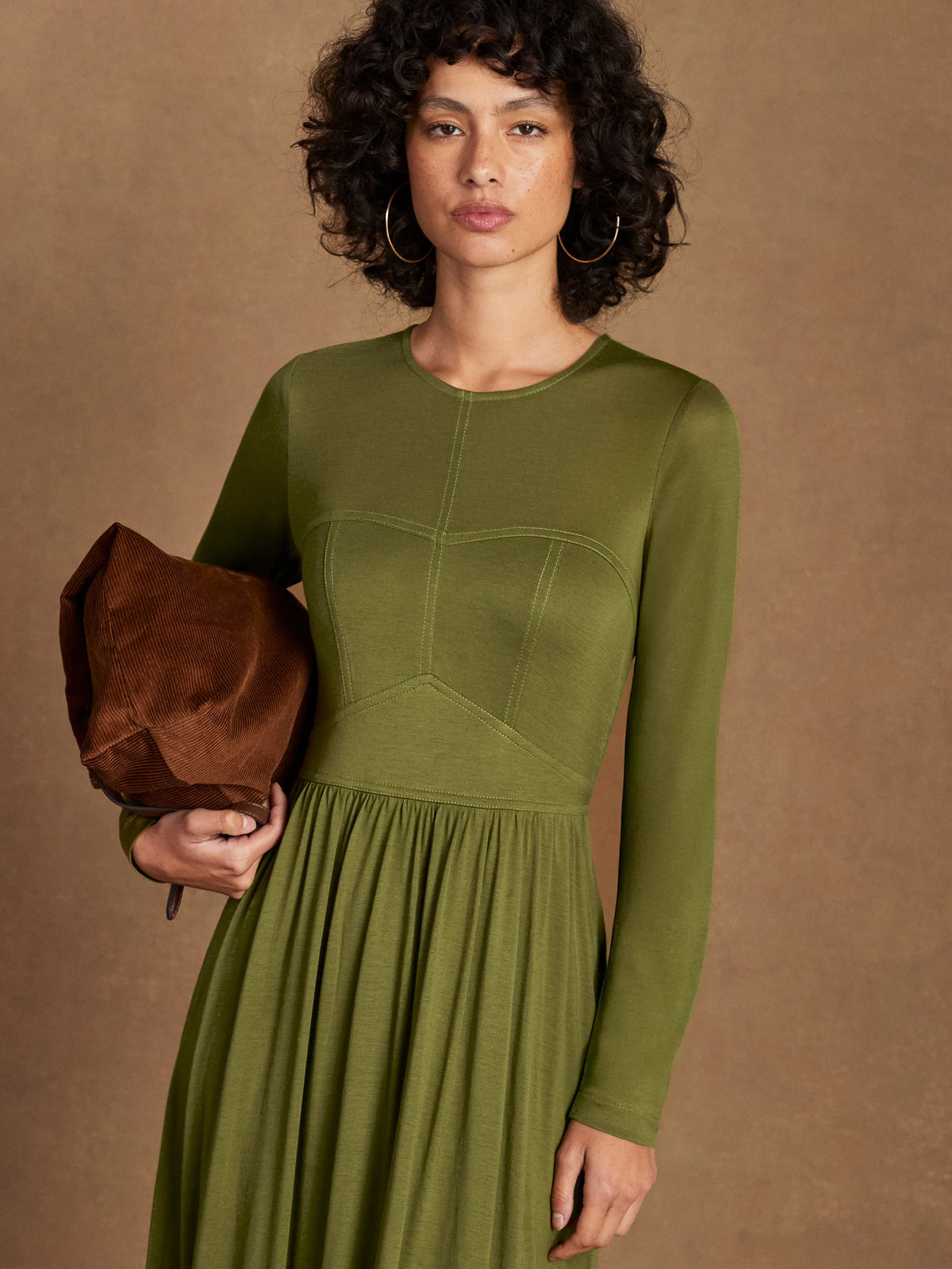 Khaki Seamed Bodice Jersey Dress