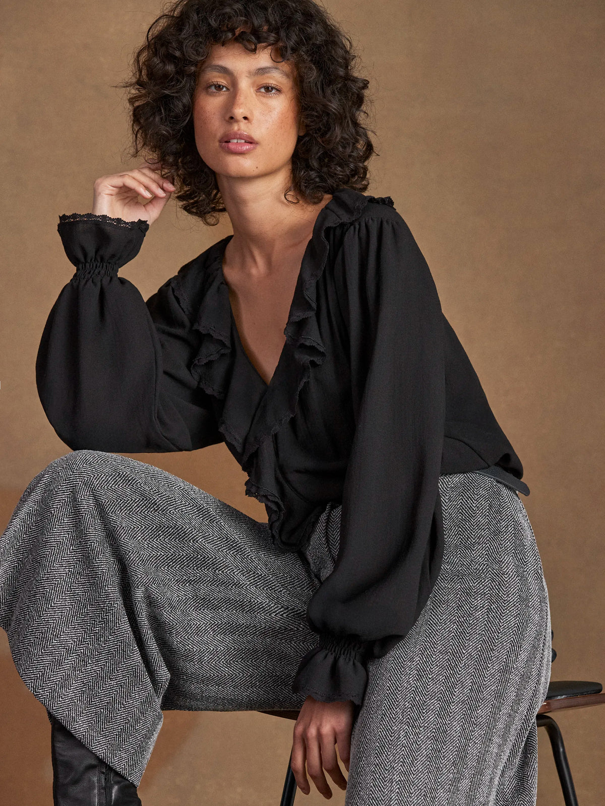 Black Ruffle-Front Blouse