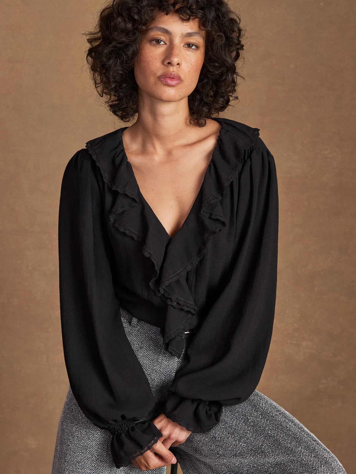 Black Ruffle-Front Blouse