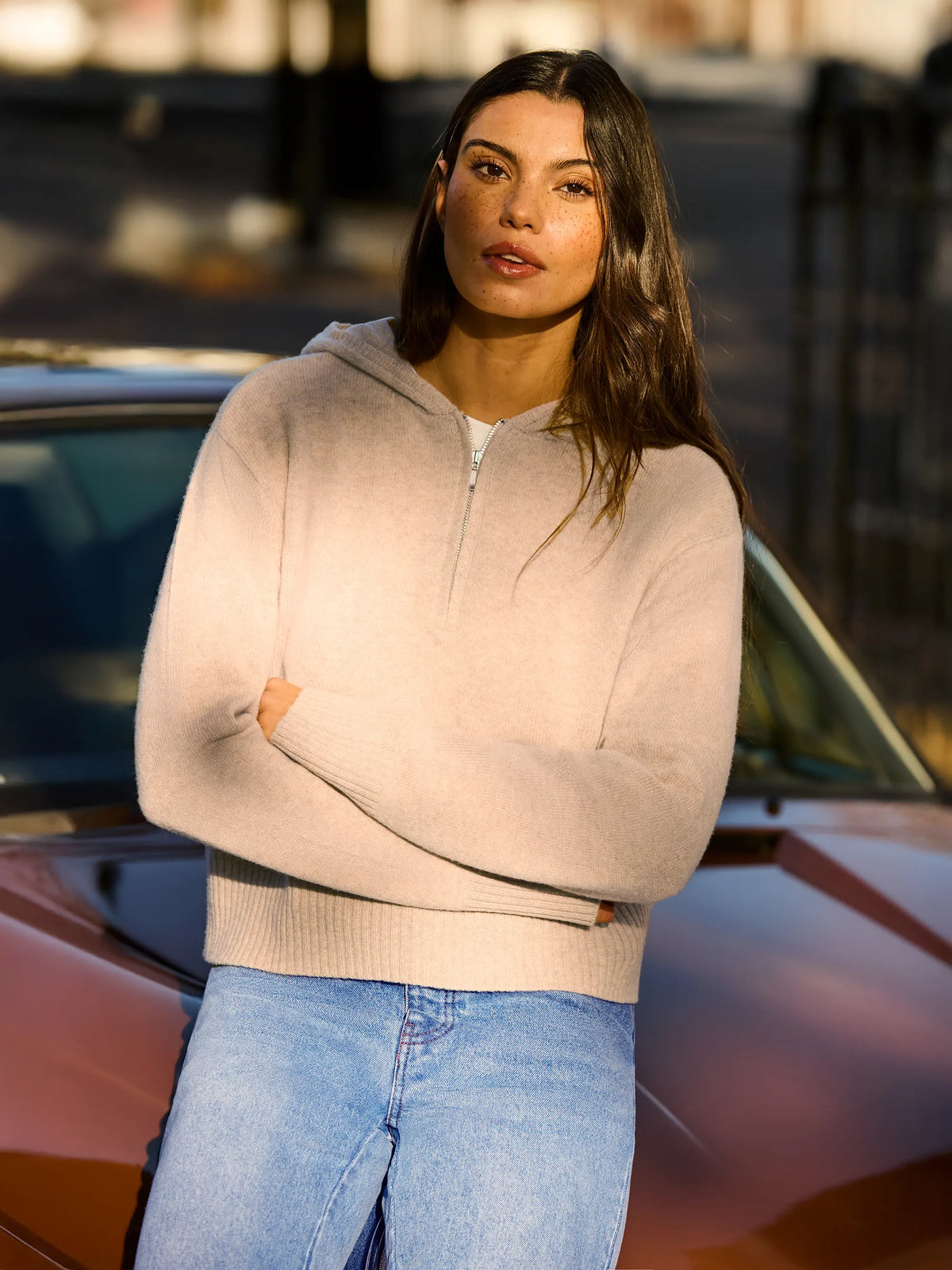 Oatmeal Half Zip Wool Knit Hoodie