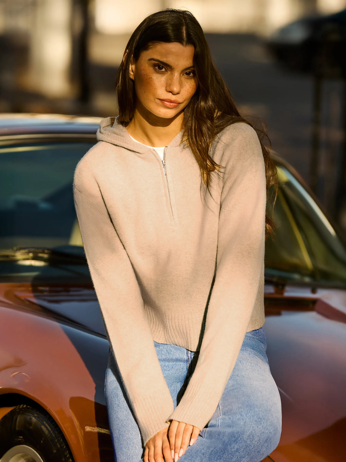 Oatmeal Half Zip Wool Knit Hoodie