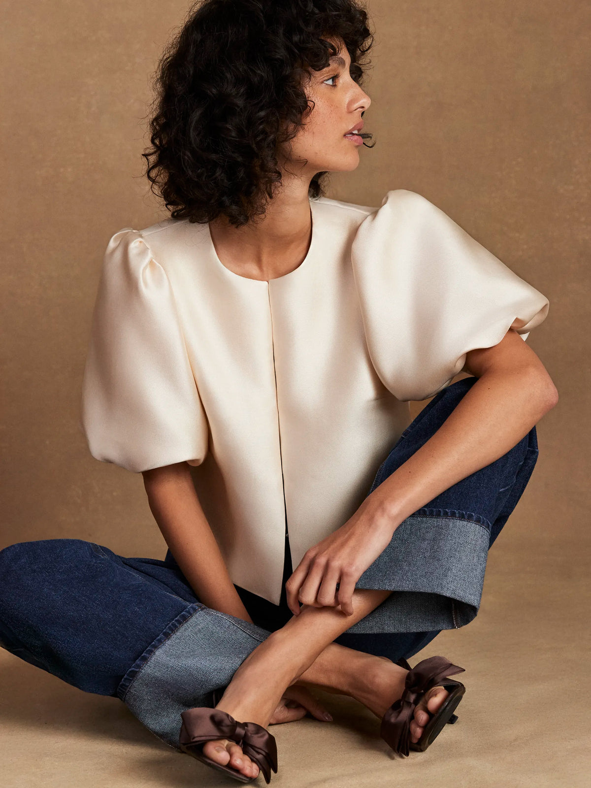 Cream Puff Sleeve Shell Top