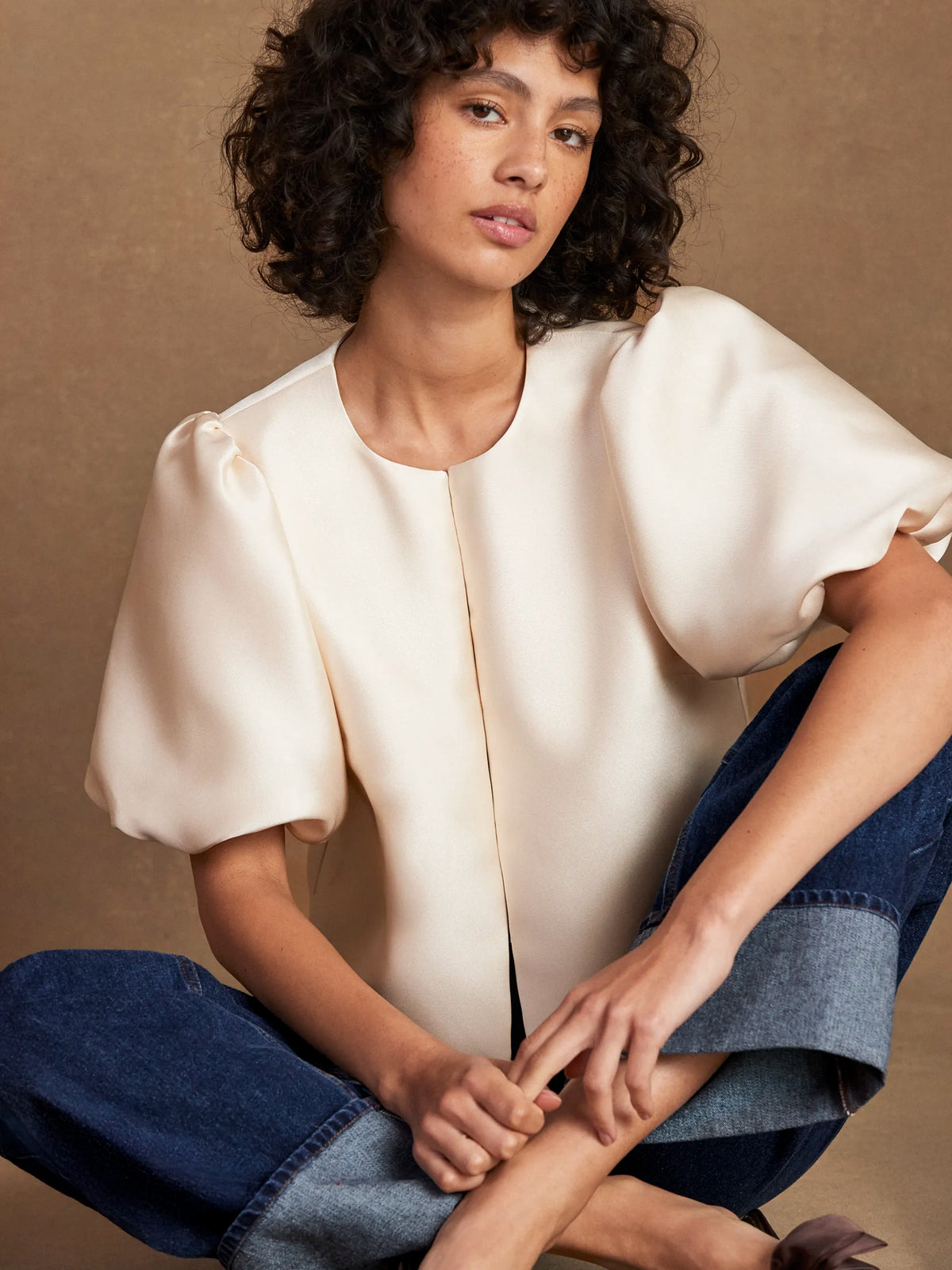 Cream Puff Sleeve Shell Top