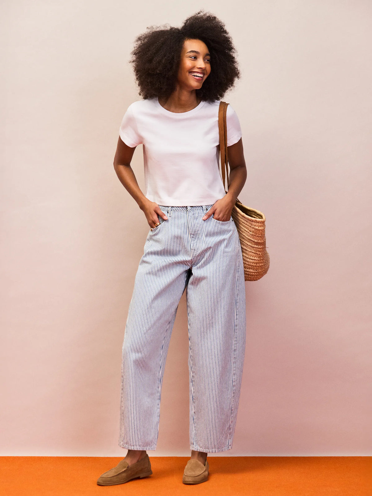 Blue stripe barrel leg jeans with mid rise and ankle length hem