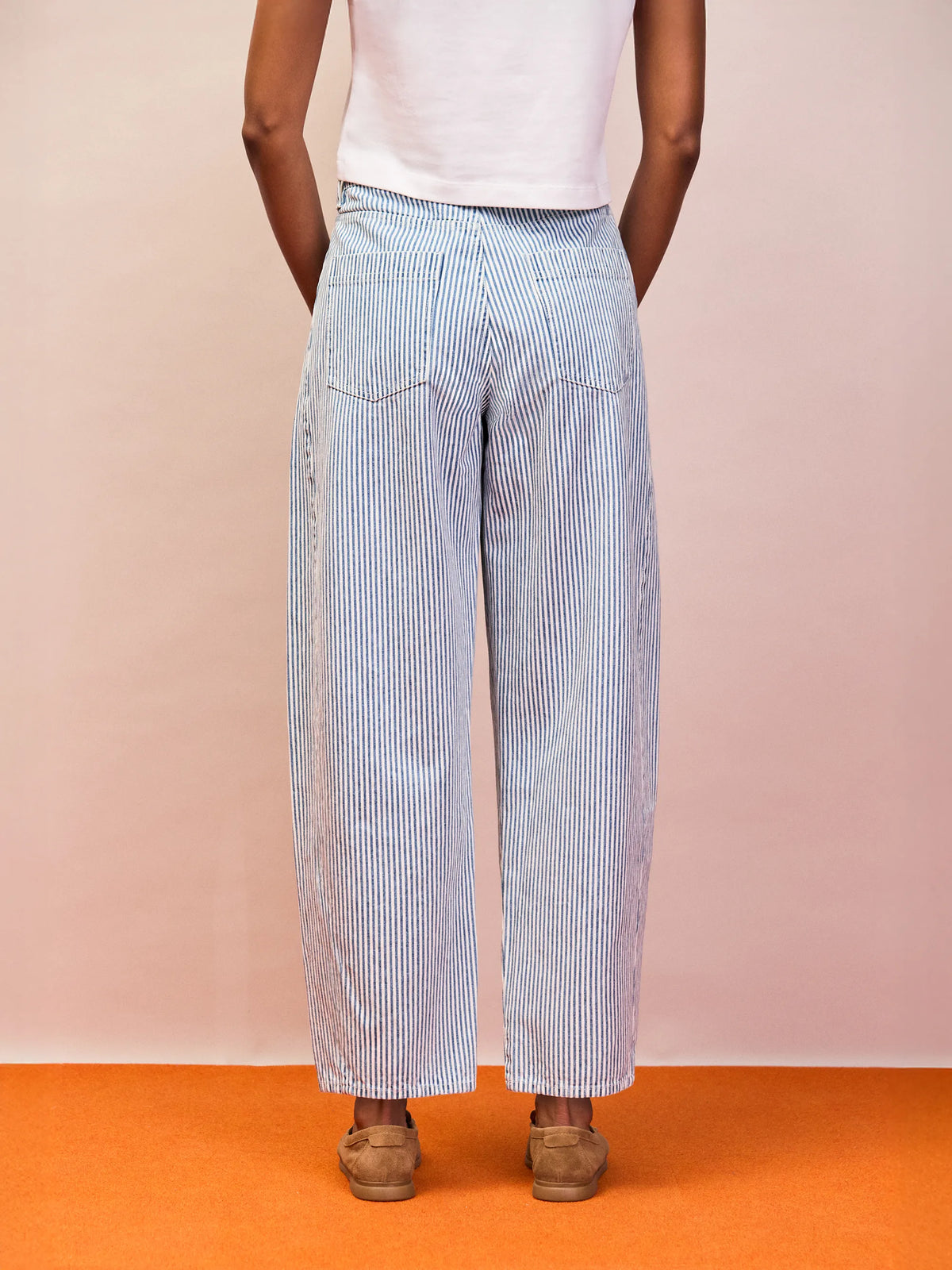 Blue striped ankle grazing barrel leg jeans