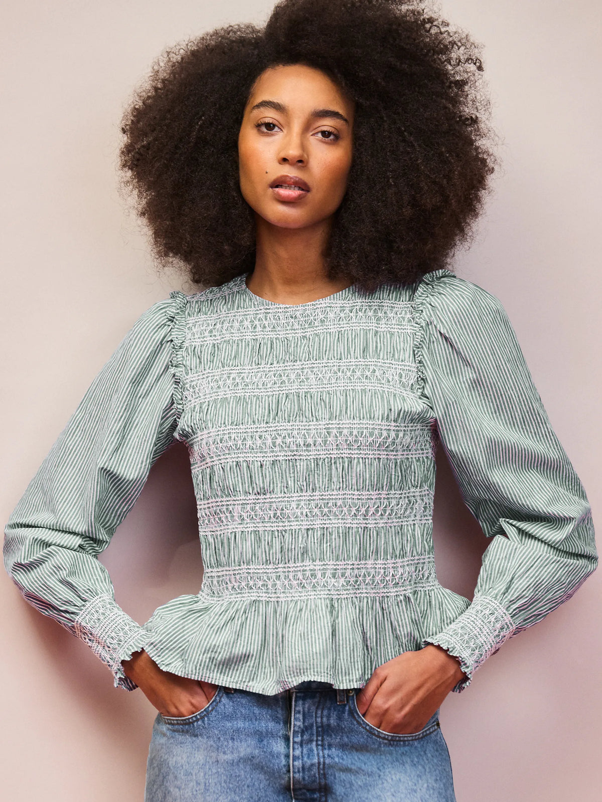 Green Stripe Shirred Blouse