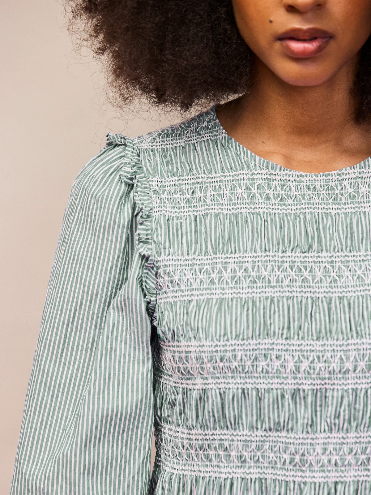 Green Stripe Shirred Blouse