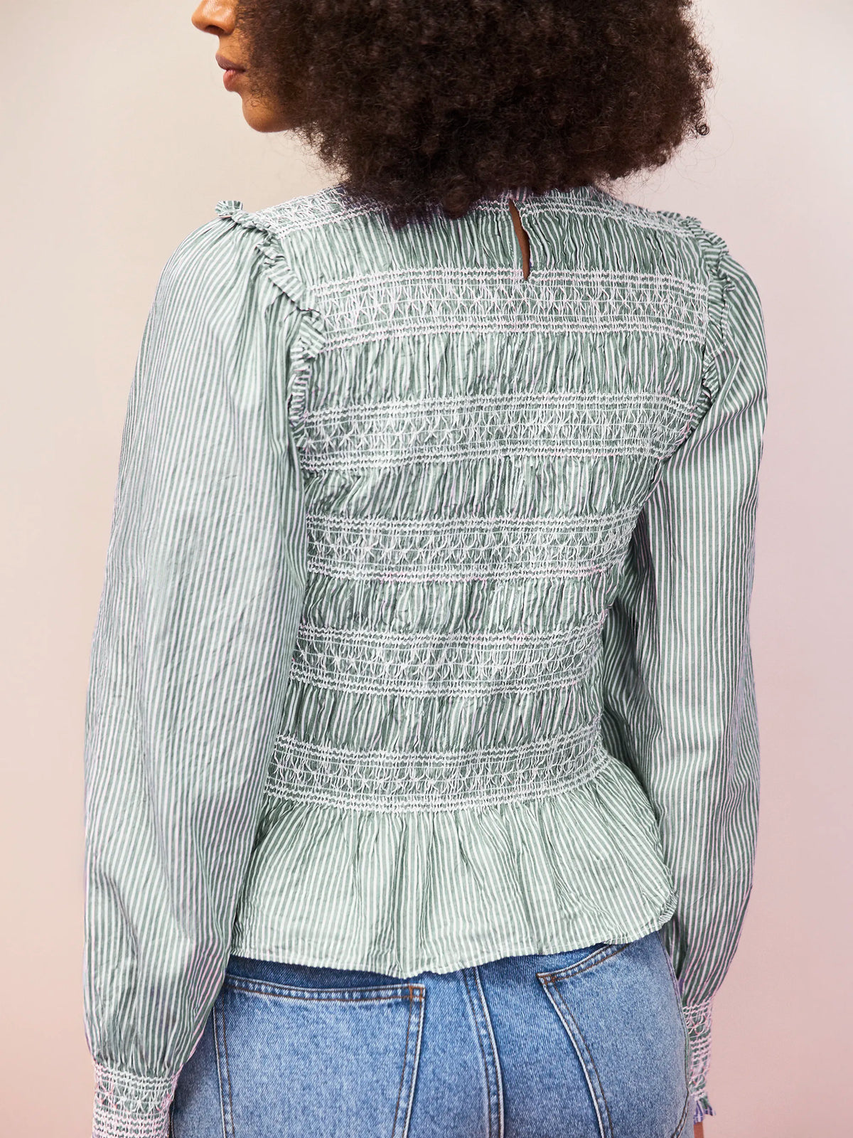 Green Stripe Shirred Blouse