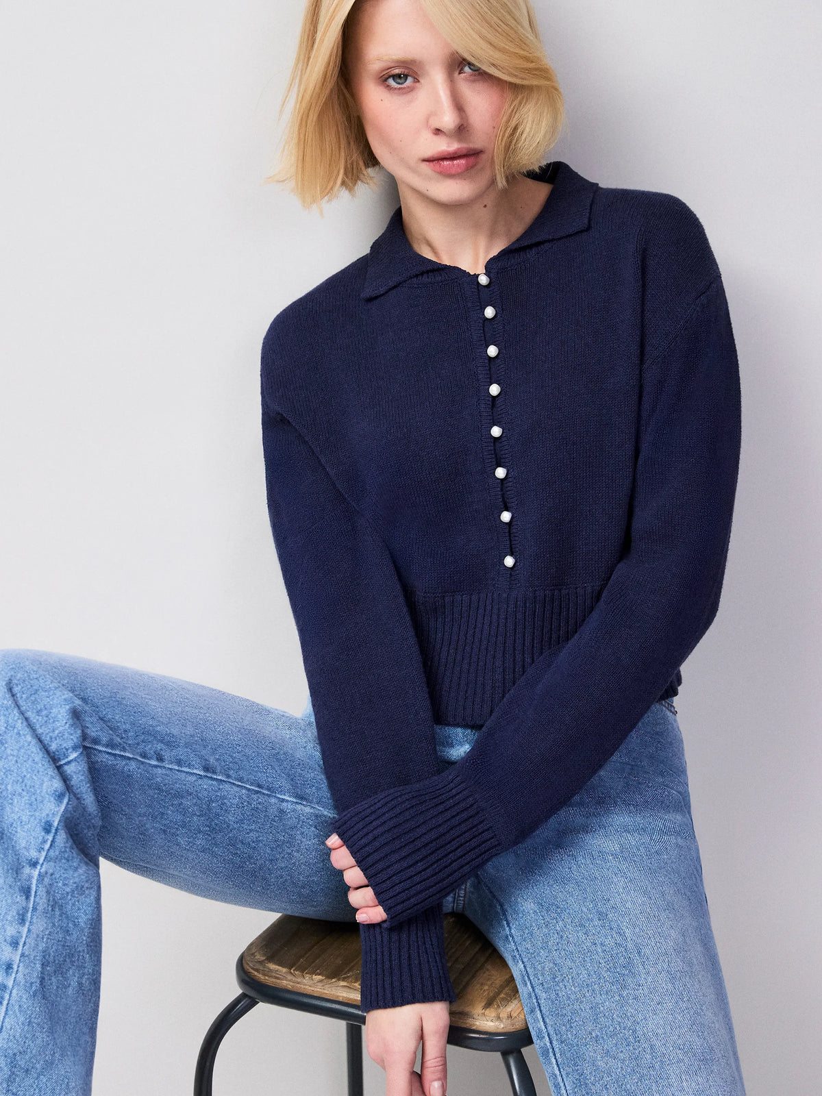 Navy Pearl Button Through Cardigan With Linen