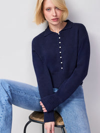 Navy Pearl-Button Cotton and Linen-Blend Jumper