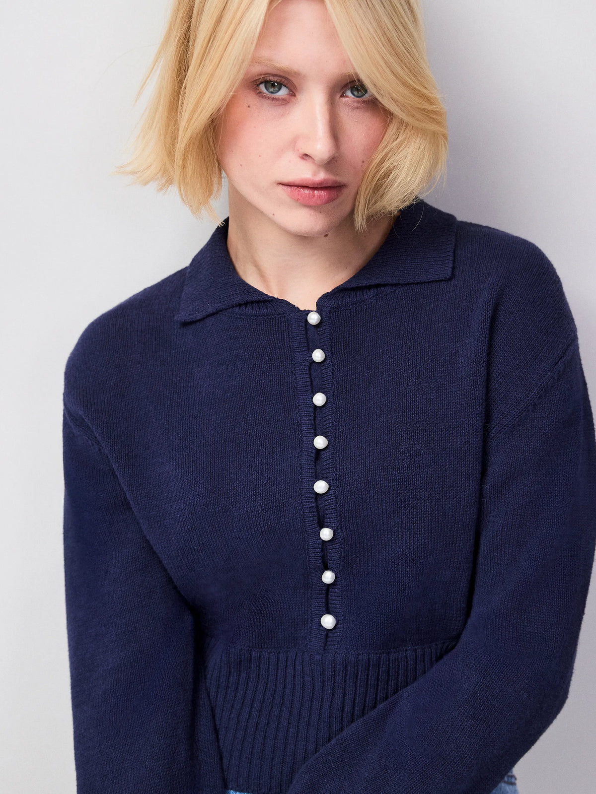 Navy Pearl Button Through Cardigan With Linen