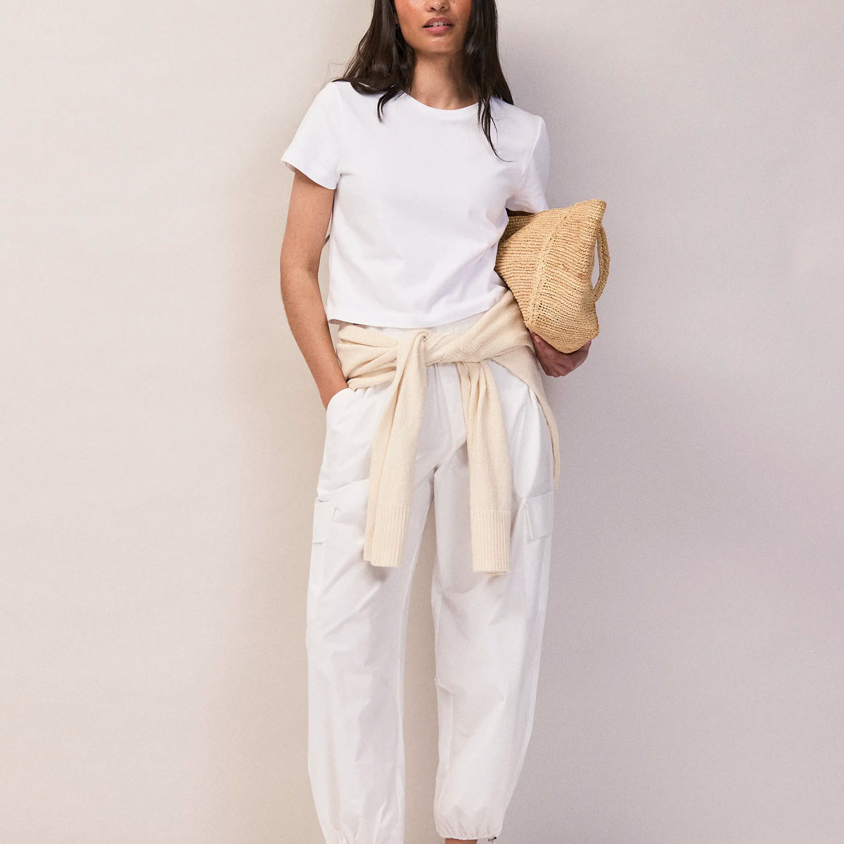 Petite White Cotton Drawstring Cuff Trousers – Ro&Zo