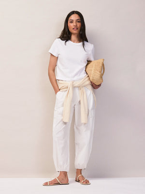 White Cotton Drawstring Cuff Trousers