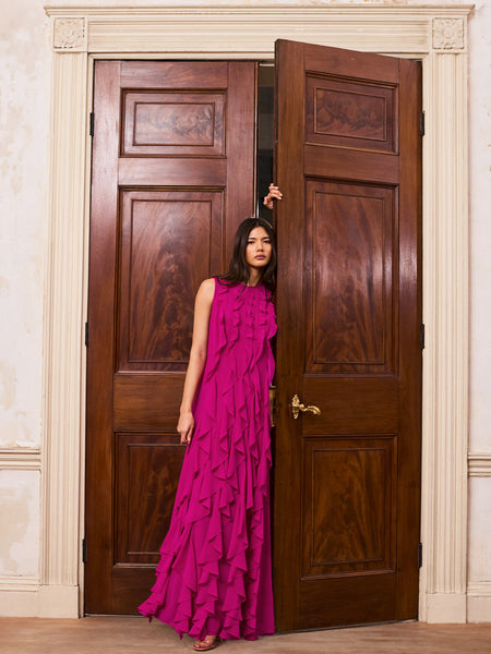 Petite Leonor Pink Chiffon Waterfall Frill Maxi Dress – Ro&Zo