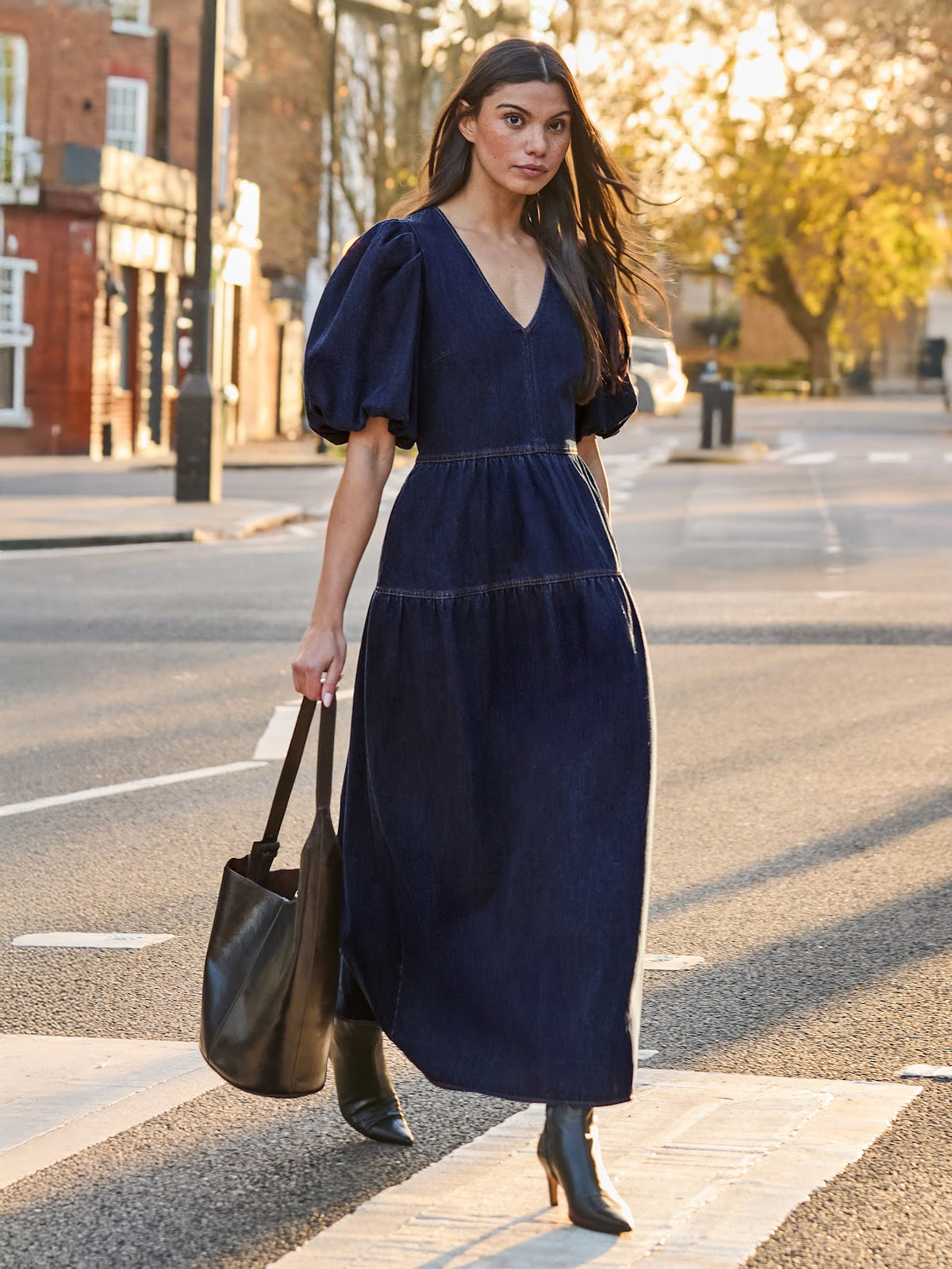 Blue Denim Puff Sleeve Midi Dress