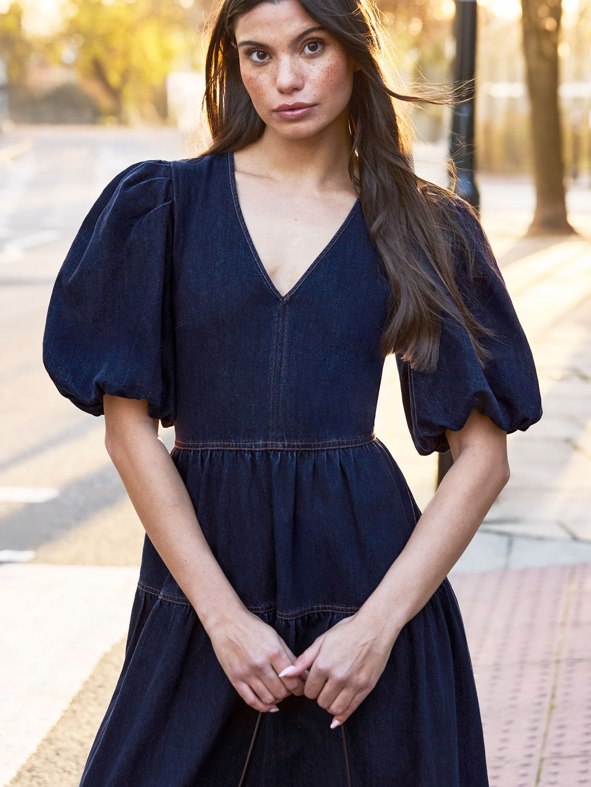 Blue Denim Puff Sleeve Midi Dress