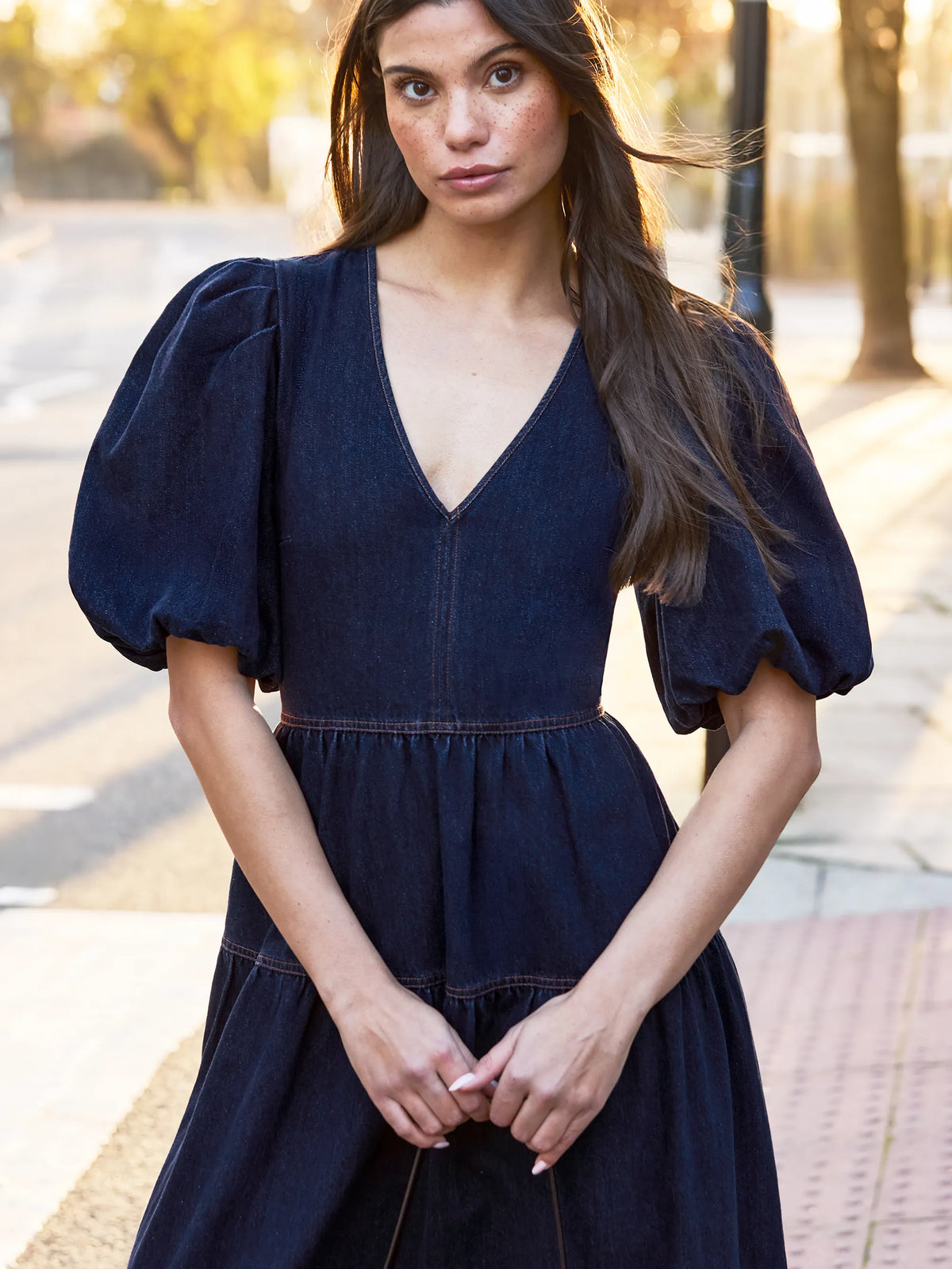 Petite Blue Denim Puff Sleeve Maxi Dress