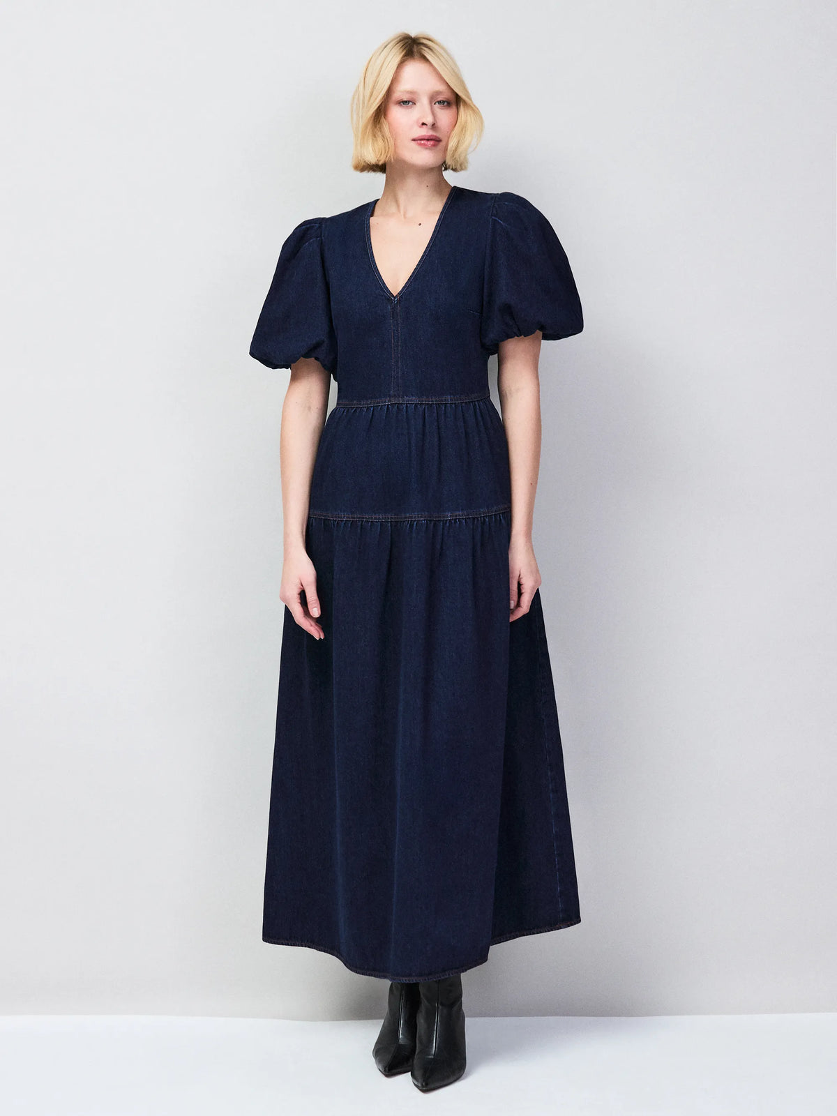 Petite Blue Denim Puff Sleeve Maxi Dress