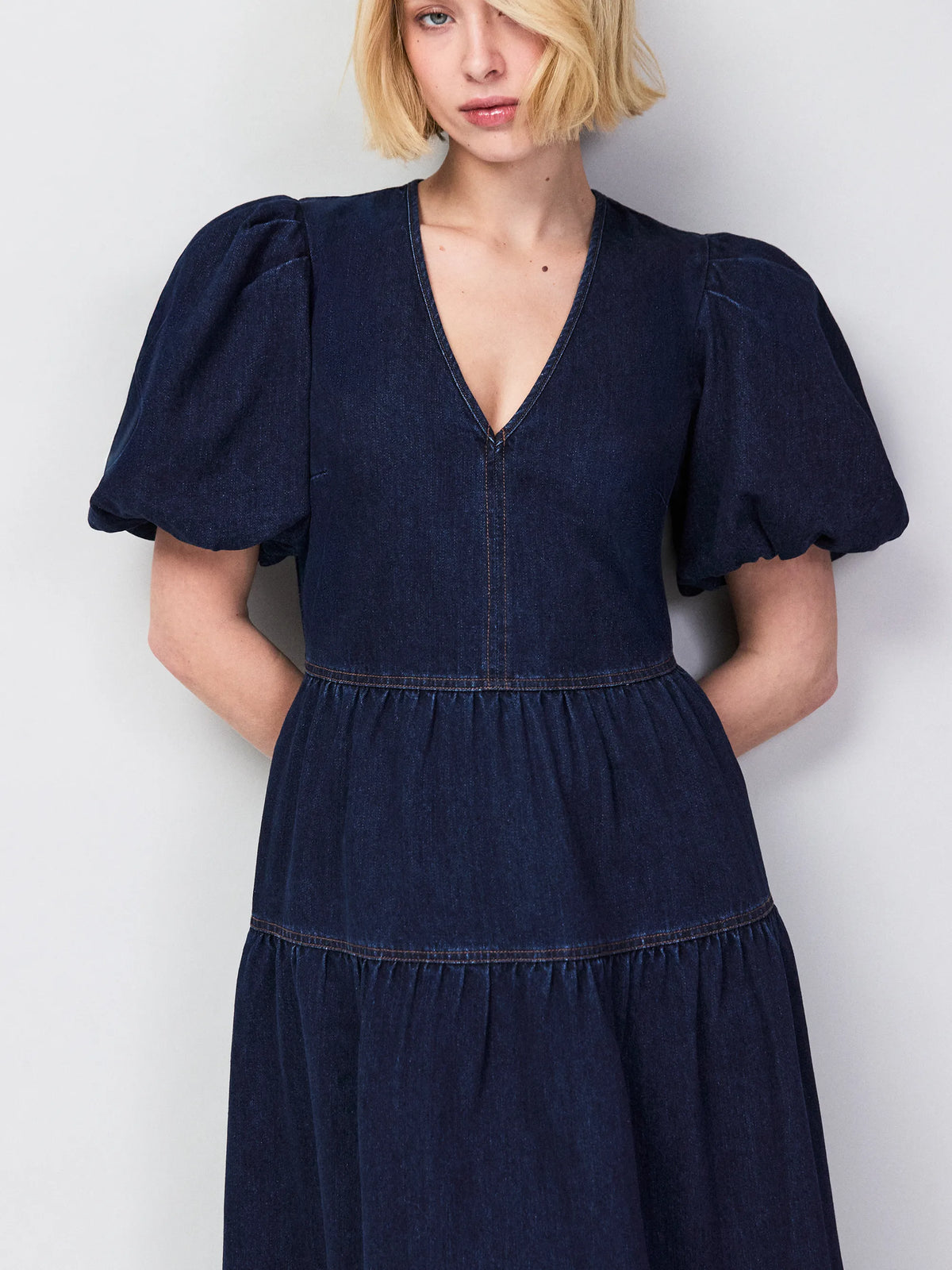 Petite Blue Denim Puff Sleeve Maxi Dress