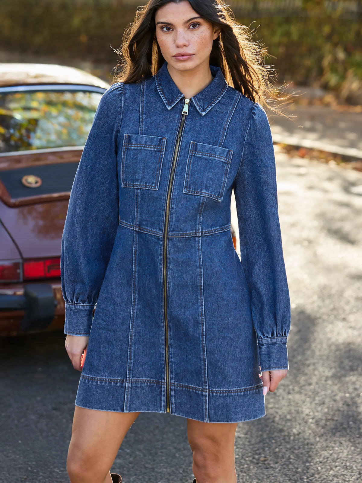 Blue Denim Zip Front Mini Dress