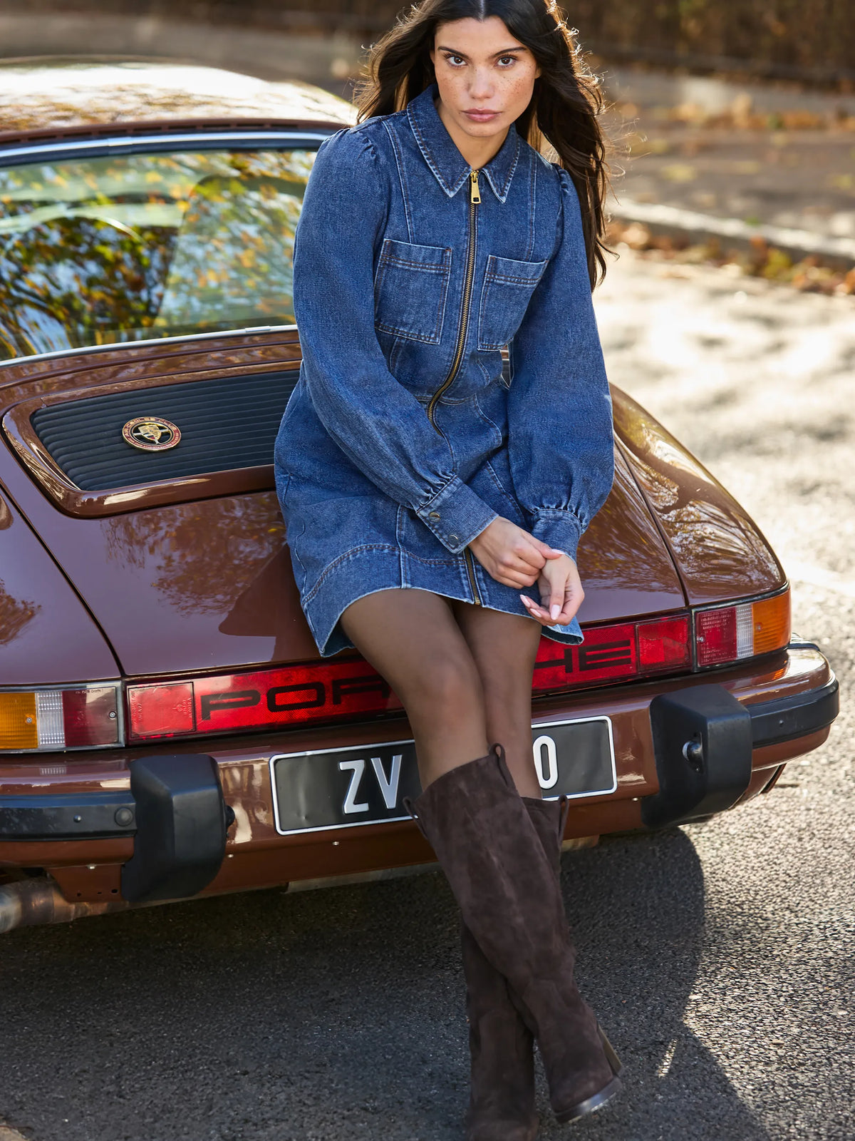 Blue Denim Zip Front Mini Dress