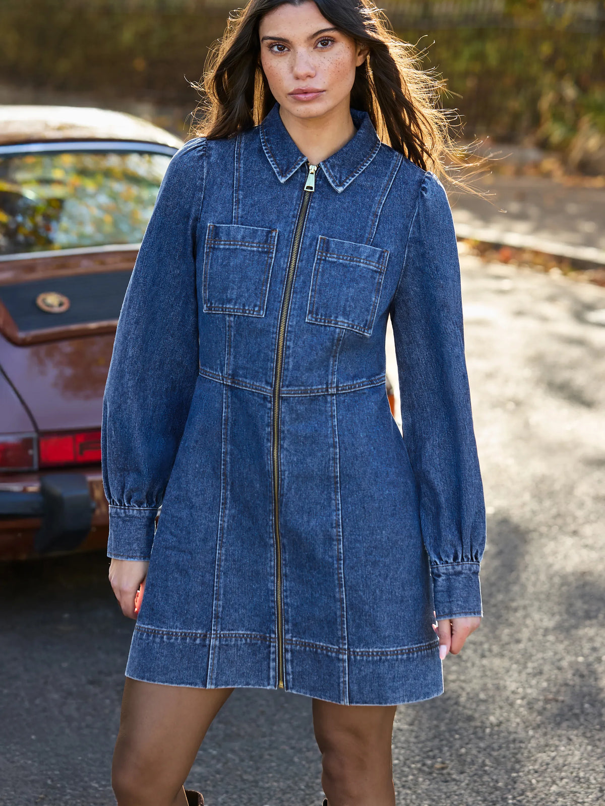Blue Denim Zip Front Mini Dress