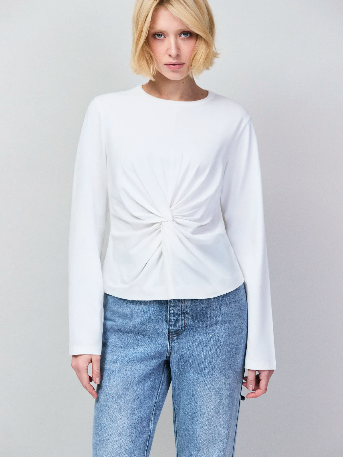 White Twist-Front Long-Sleeve Cotton T-Shirt