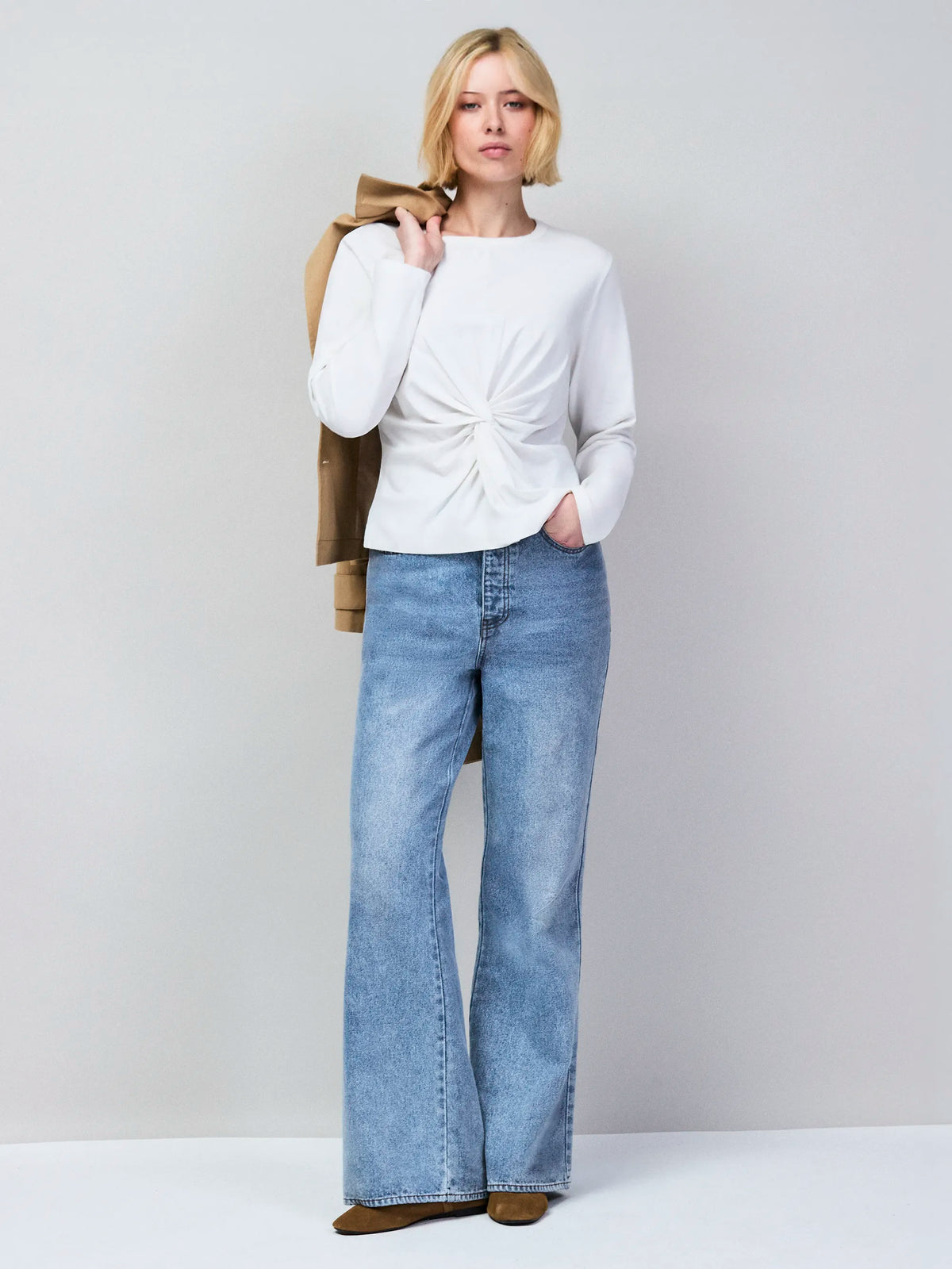 White Twist-Front Long-Sleeve Cotton T-Shirt