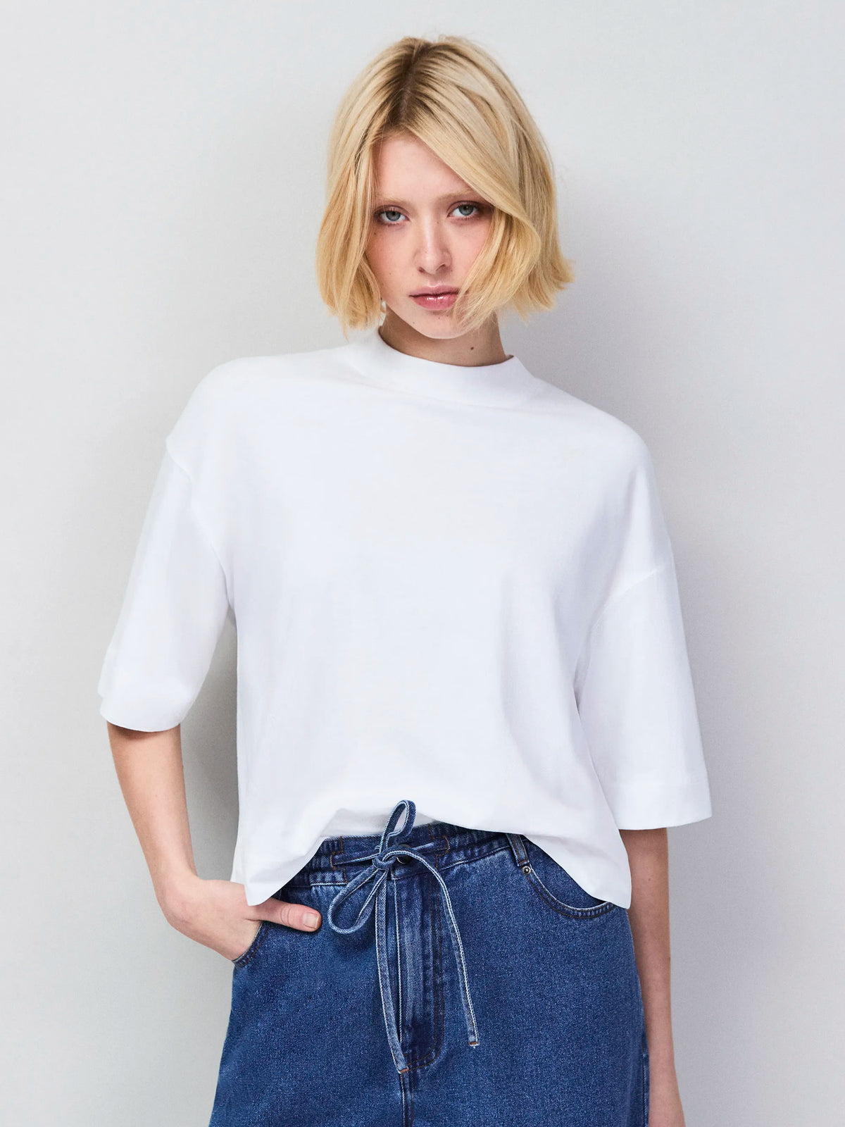White Mock Neck Cotton T-Shirt