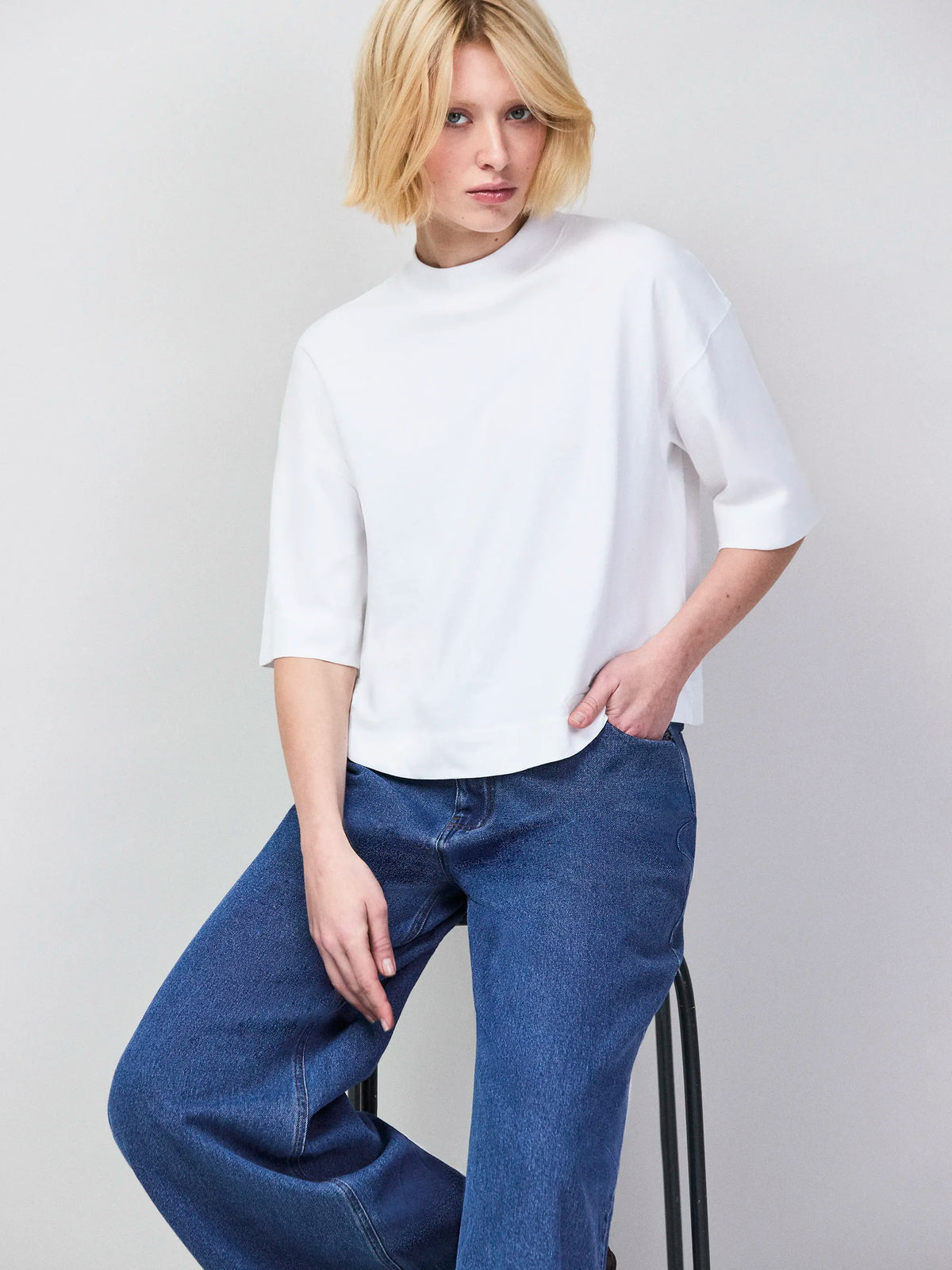 White Mock Neck Cotton T-Shirt