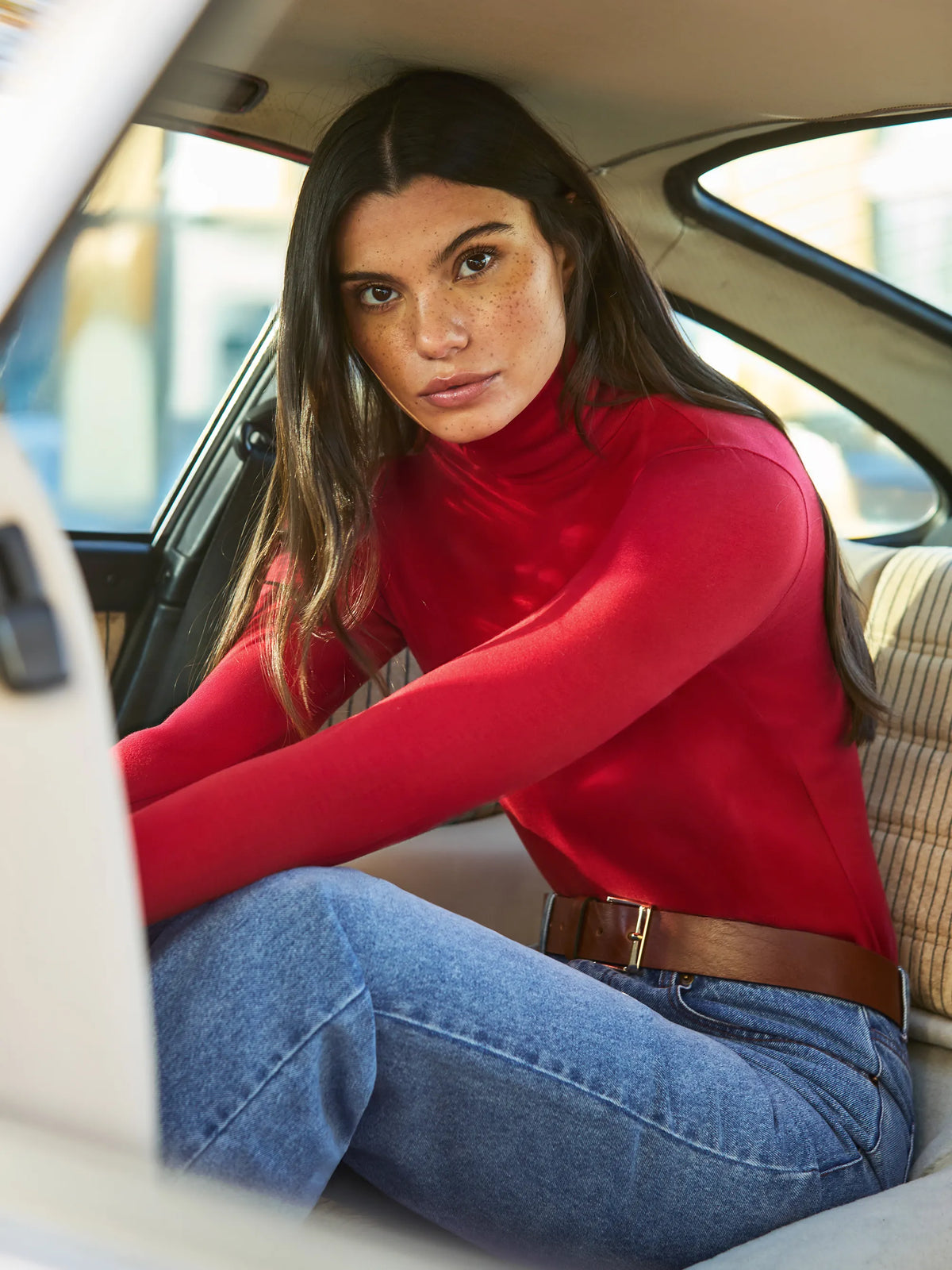 Red Cotton Blend Roll Neck Top