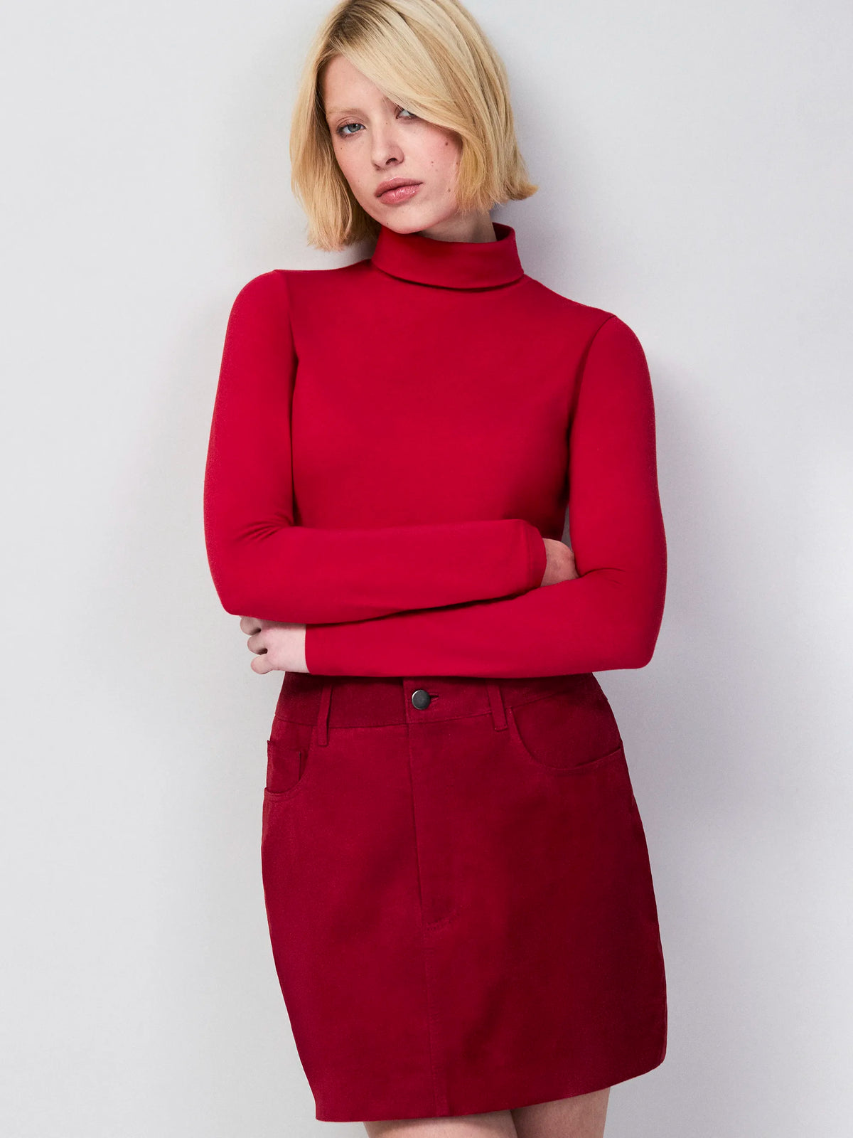 Red Cotton Blend Roll Neck Top