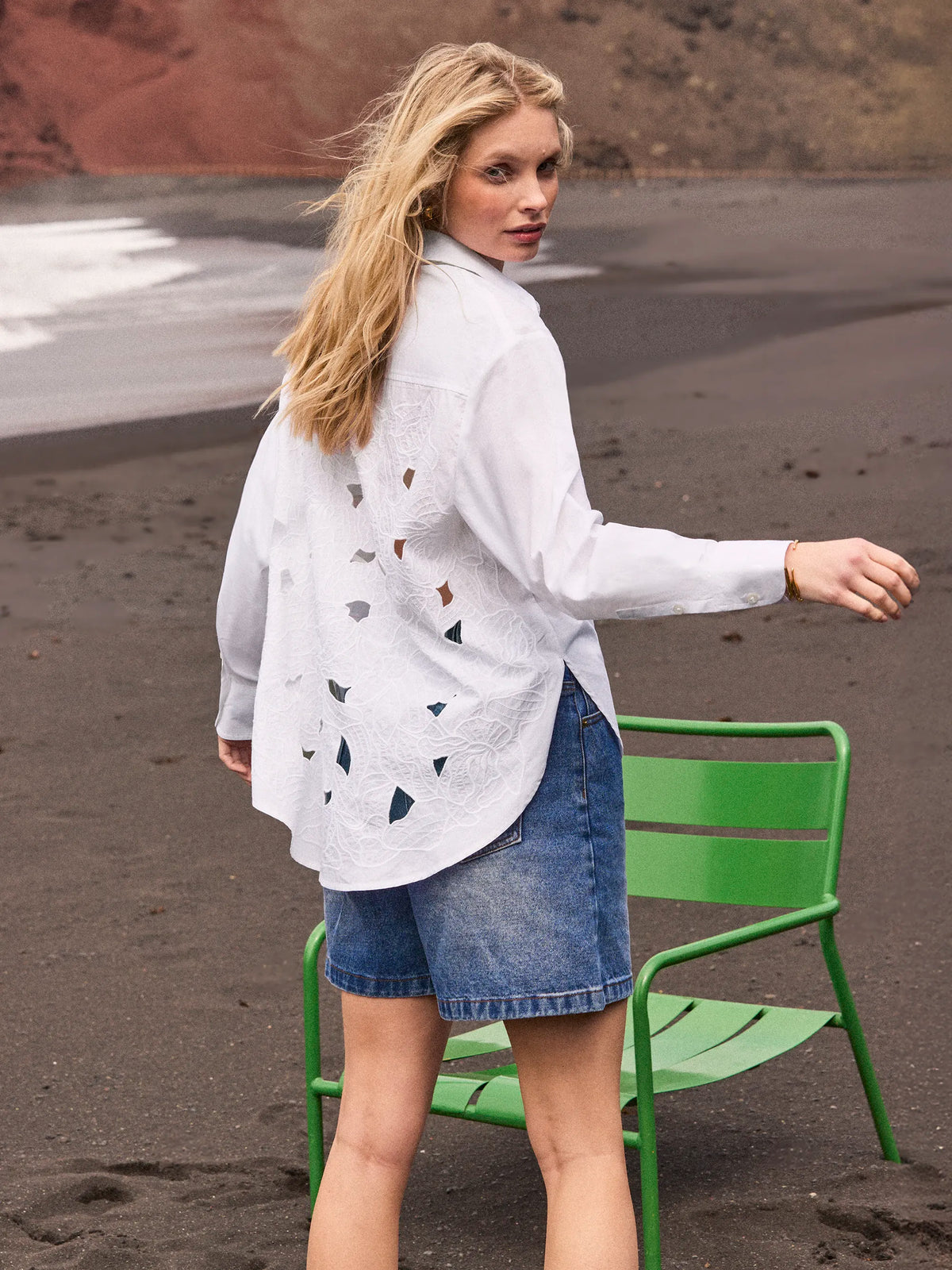 White cutwork embroidered back long sleeve shirt