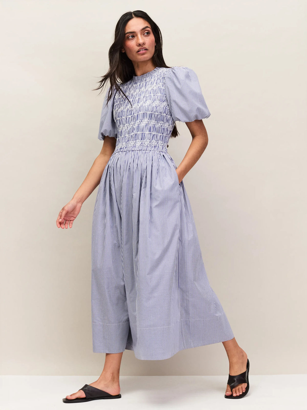 Blue stripe midi dress with shirred bodice and puff sleeves