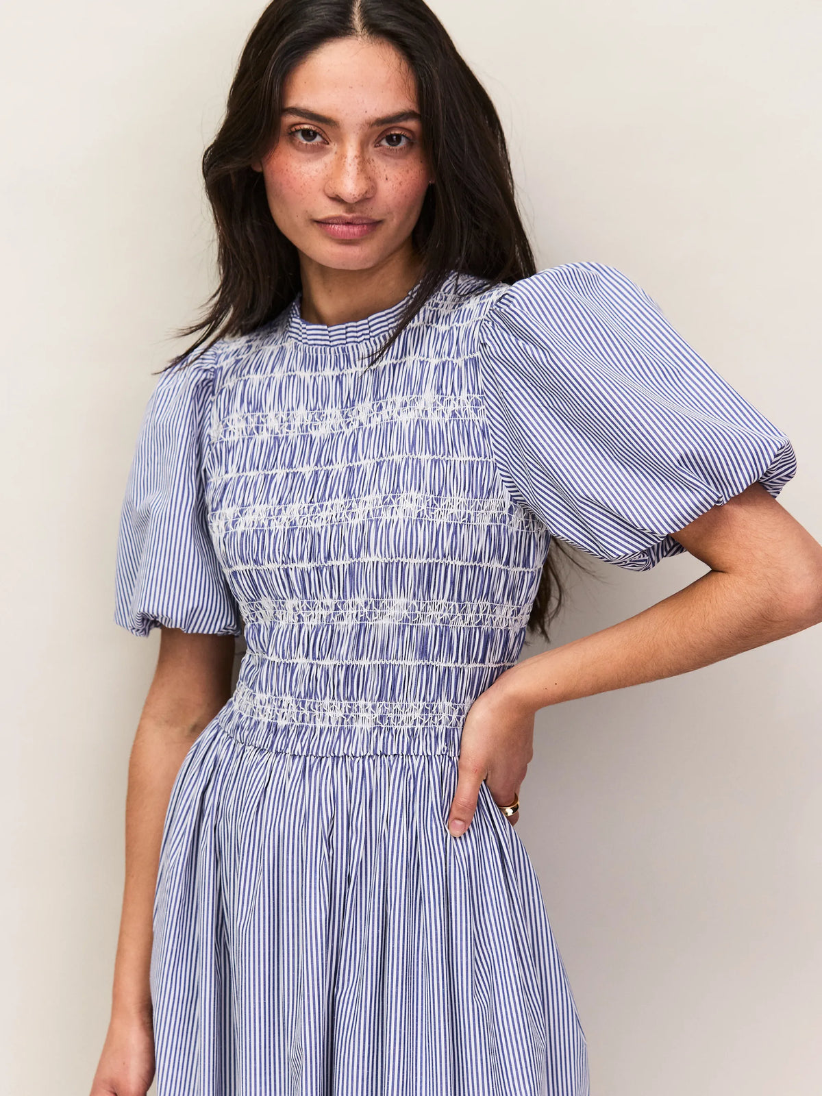 Blue and white striped cotton midi dress with shirred waist
