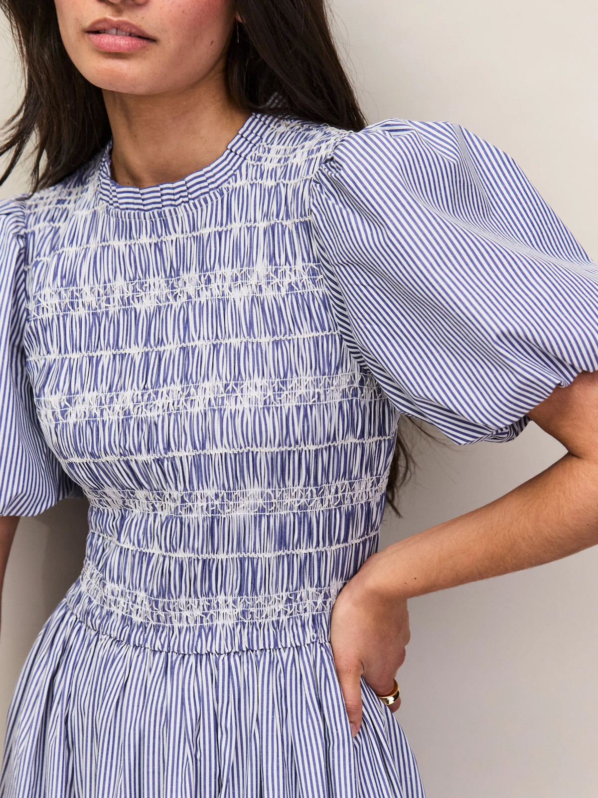 Blue stripe short sleeve midi dress with fitted shirred bodice