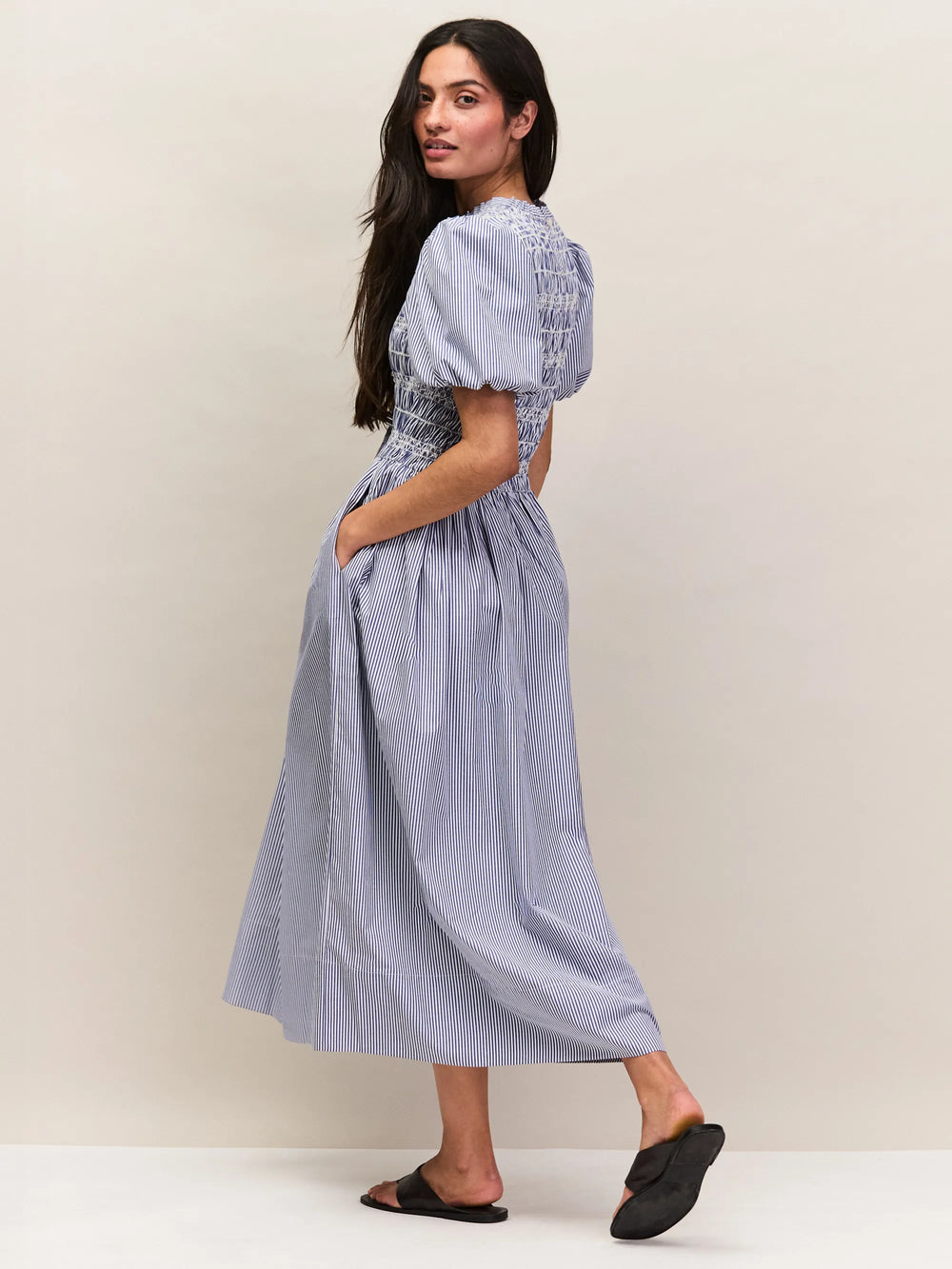 shirred striped silk-blend midi dress shirred striped silk-blend midi dress Shop Wren Chocolate Stripe Cotton SS Shirred Bodice Midi Dress