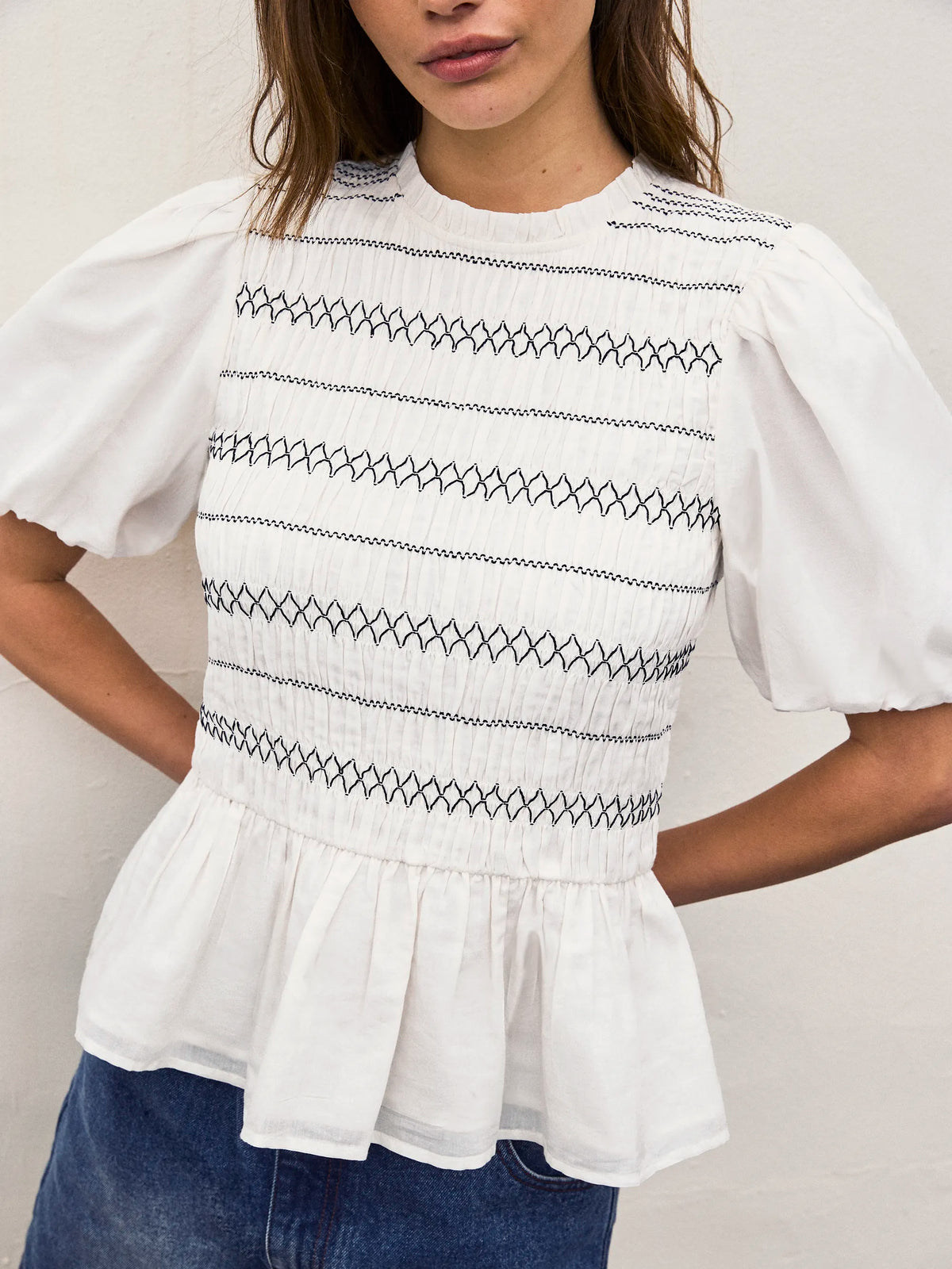 White Cotton Voile Shirred Bodice Top
