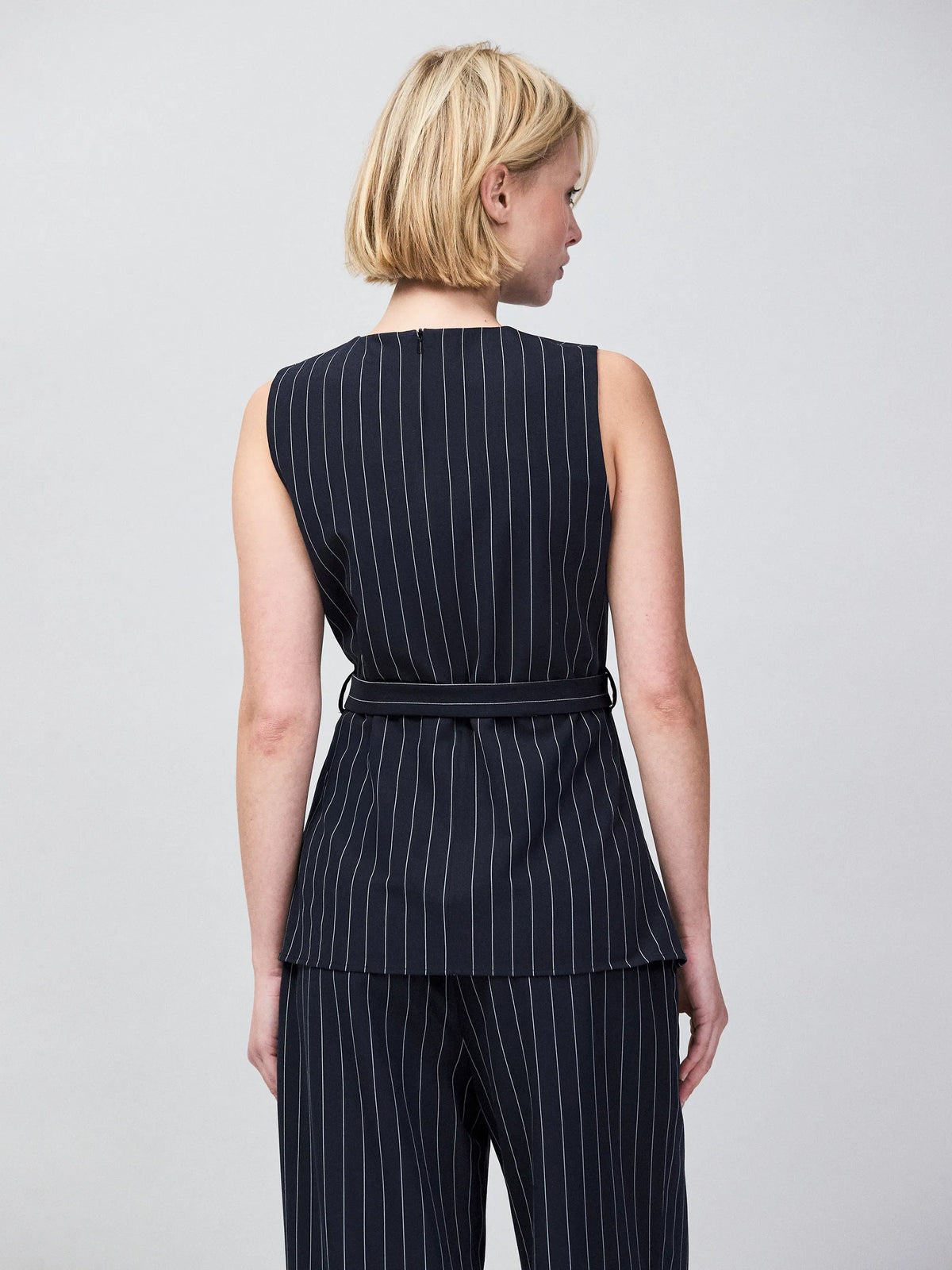 Petite Navy Pinstripe Tailored Long Line Top