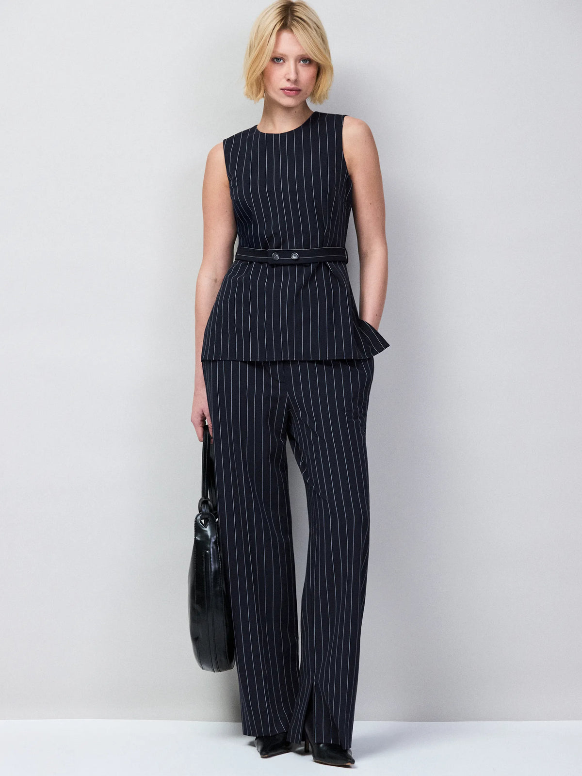 Petite Navy Pinstripe Tailored Long Line Top
