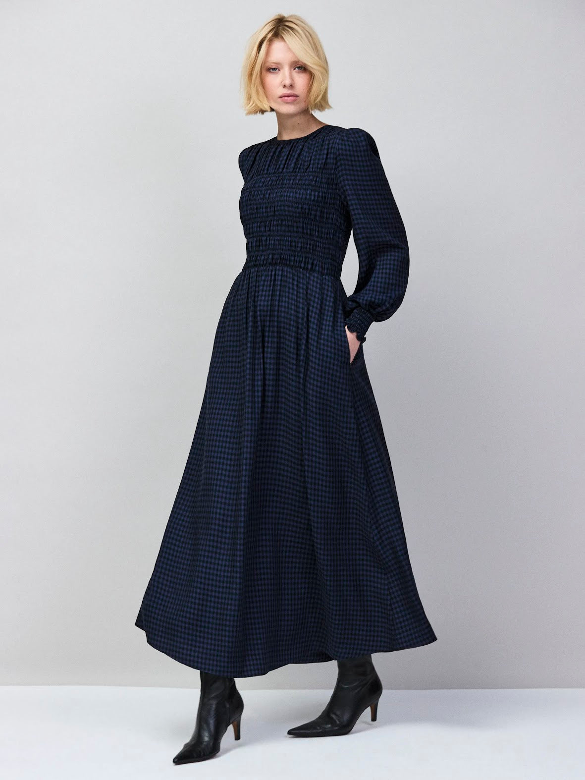 Navy Check Shirred Bodice Dress