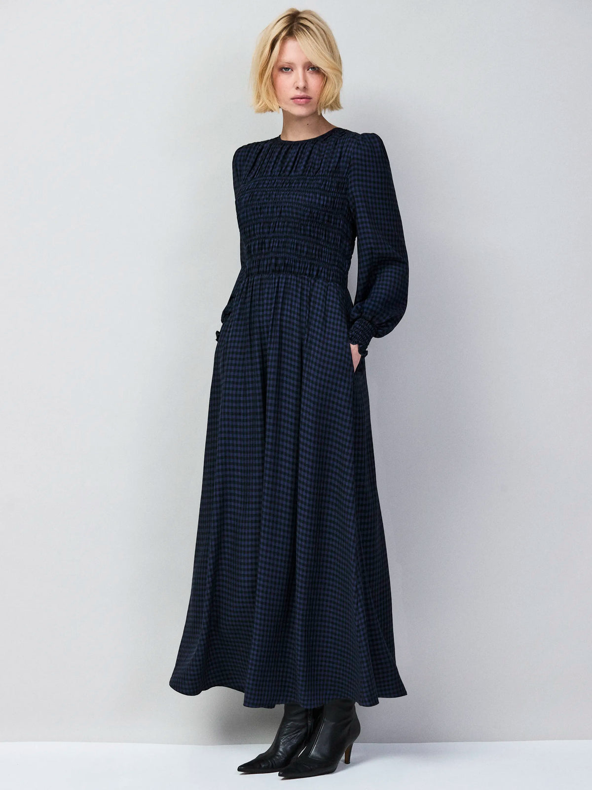 Navy Check Shirred Bodice Dress